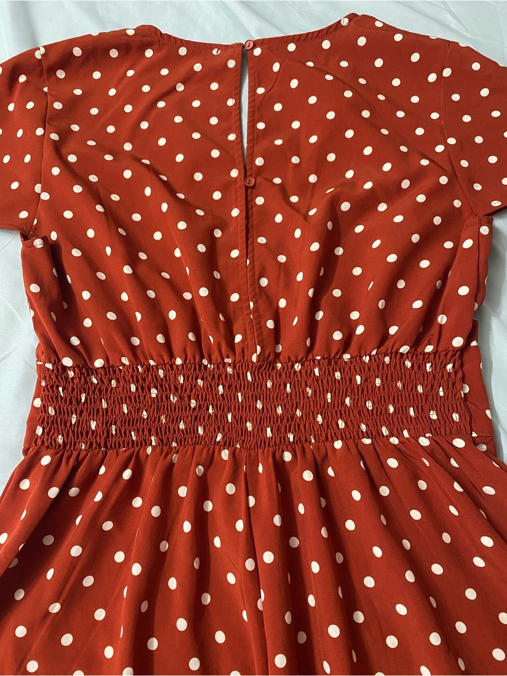 Blush Boutique Polka Dot Romper Rust Brown Ruffle Skort Inset Smocked V Neck LG - Picture 5 of 10